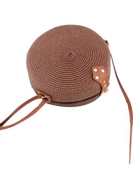 El Dokuma Çanta Yuvarlak Tokalı Rattan Hasır Evrak Çantası Boho Plaj Koyu Kahve (Yurt Dışından)