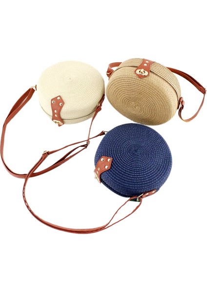 El Dokuma Çanta Yuvarlak Tokalı Rattan Hasır Evrak Çantası Boho Plaj Koyu Kahve (Yurt Dışından)