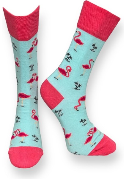 Tekli Bebe Mavisi Renkli Bay/bayan Unisex Esnek Nem Alabilen Pamuklu Flamingo Desenli Soket Çorap