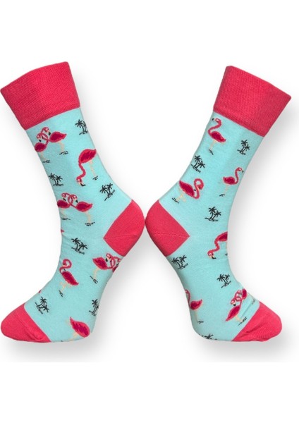 Tekli Bebe Mavisi Renkli Bay/bayan Unisex Esnek Nem Alabilen Pamuklu Flamingo Desenli Soket Çorap