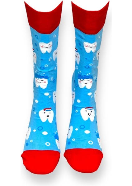 Tekli Mavi Renkli Bay/bayan Unisex Esnek Nem Alabilen Pamuklu Diş Desenli Soket Çorap modelleri