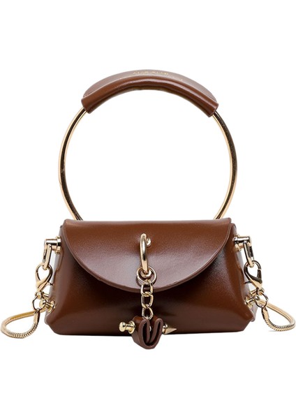 Metal Halka Kolu Kadın Çanta Mini Sevimli Tote Çanta Zincir Perçin Omuz Moda Messenger Kahverengi (Yurt Dışından)