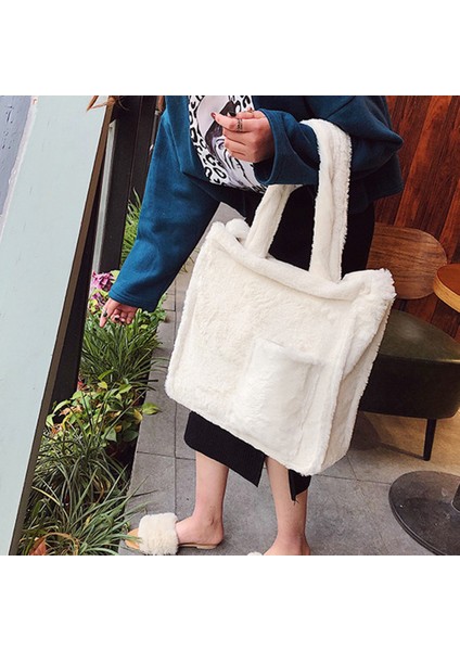 Bayanlar Peluş Basit Tek Omuz Messenger Çanta Düz Renk Büyük Kapasiteli Seyahat Çantası-Beyaz (Yurt Dışından) fiyatları