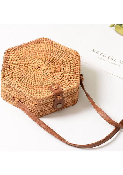 Yaz Plaj Vintage El Yapımı Rattan Çanta Altıgen Hasır Kadın Rahat Yuvarlak Sling (Yurt Dışından)