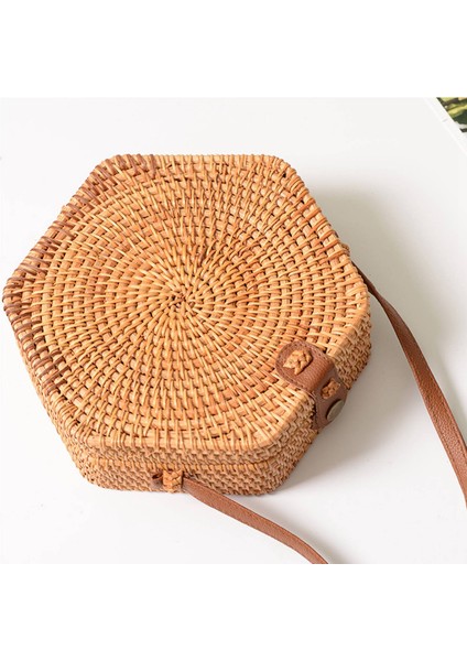 Yaz Plaj Vintage El Yapımı Rattan Çanta Altıgen Hasır Kadın Rahat Yuvarlak Sling (Yurt Dışından)