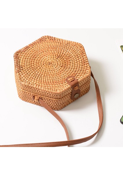 Yaz Plaj Vintage El Yapımı Rattan Çanta Altıgen Hasır Kadın Rahat Yuvarlak Sling (Yurt Dışından)