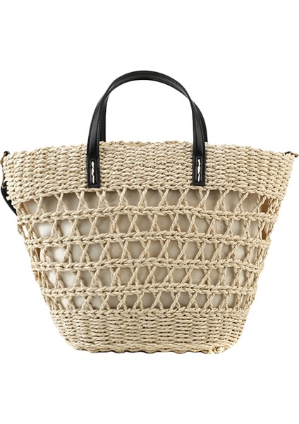Moda Taşınabilir Kova Çanta Saman Plaj Tatil Dokuma Omuz Messenger Bej (Yurt Dışından)
