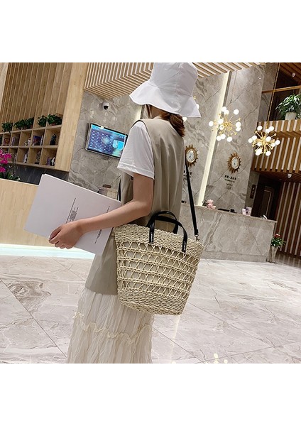 Moda Taşınabilir Kova Çanta Saman Plaj Tatil Dokuma Omuz Messenger Bej (Yurt Dışından) fiyatları