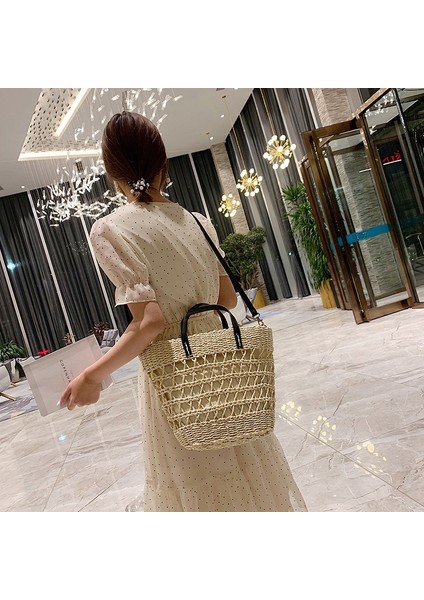Moda Taşınabilir Kova Çanta Saman Plaj Tatil Dokuma Omuz Messenger Bej (Yurt Dışından) modelleri