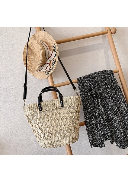 Moda Taşınabilir Kova Çanta Saman Plaj Tatil Dokuma Omuz Messenger Bej (Yurt Dışından) fırsatları