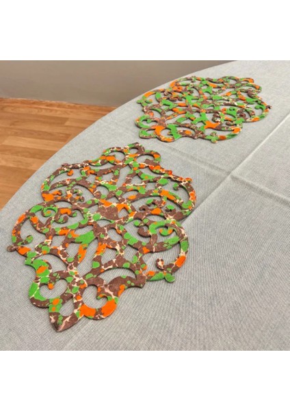 Ebru Sanatı Ile Elde Yapılmış Lazer Kesim Keçe Supla 2li Takım 40CM - Kahverengi