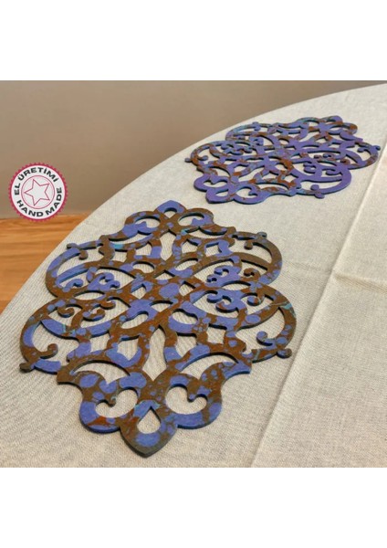Ebru Sanatı Ile Elde Yapılmış Lazer Kesim Keçe Supla 2li Takım 40CM - Mavi