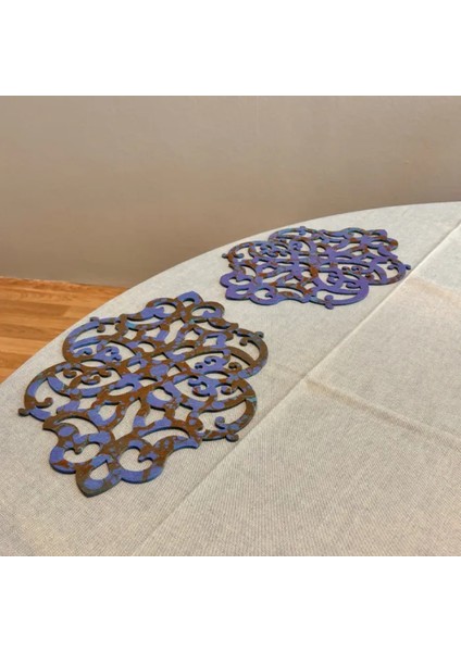 Ebru Sanatı Ile Elde Yapılmış Lazer Kesim Keçe Supla 2li Takım 40CM - Mavi