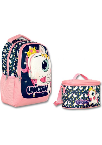 Cennec 3D Unicorn Ilkokul Sırt Çantası ve Beslenme Çantası Seti - Kız Çocuk - Lacivert-Pembe