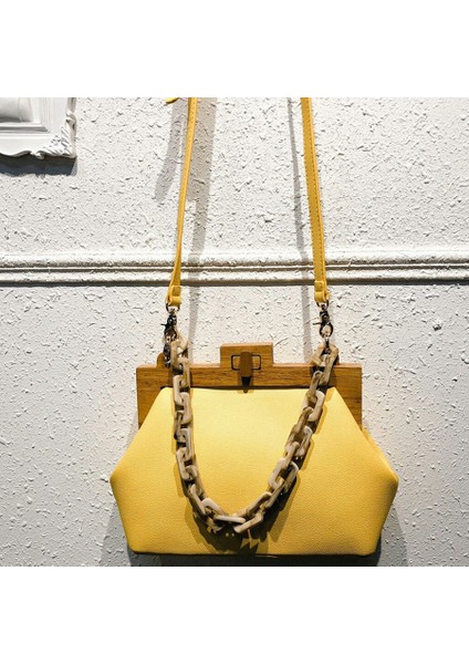 Kadın Kutusu Çanta Kova Ahşap Klip Akşam Ins Akrilik Zincir Lüks Çanta Ziyafet Parti Çanta Omuz Sarı (Yurt Dışından) fırsatları