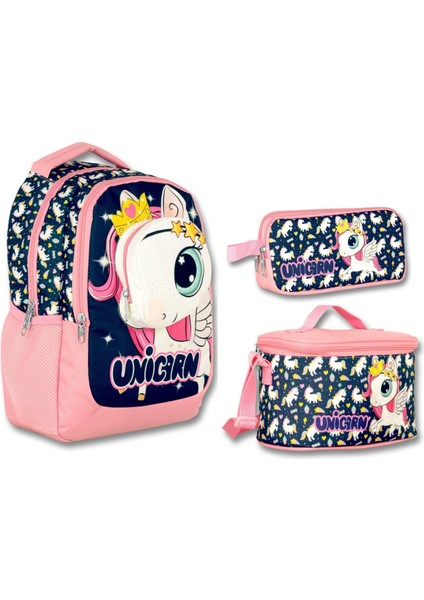 Cennec 3D Unicorn Lacivert-Pembe Kız Çocuk Üçlü Ilkokul Çanta Seti