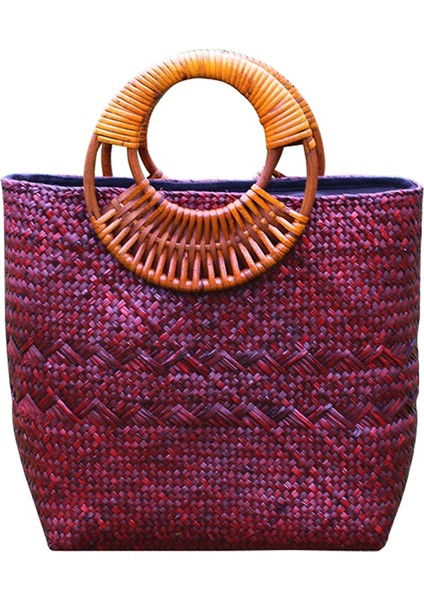 El Yapımı Dokuma Çanta Bayan Rattan Hasır Saplı Çanta Tatil Plaj Çantası (Koyu Kahve) (Yurt Dışından)