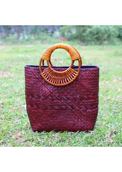 El Yapımı Dokuma Çanta Bayan Rattan Hasır Saplı Çanta Tatil Plaj Çantası (Koyu Kahve) (Yurt Dışından) fırsatları