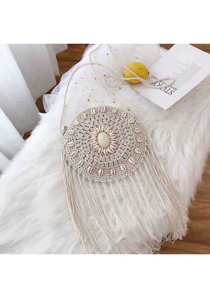 Yeni Güzel Kadın Hasır Çanta Yaz Plaj Rattan Messenger Omuz Çantaları Bayanlar Için Hasır Örgü Moda Bej Oval Kabuk (Yurt Dışından)