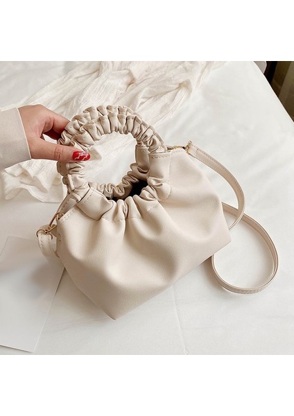Bayanlar Küçük Yuvarlak Saplı Düz Renk Pu Deri Çanta Moda Askılı Çanta Kadın Tote Alışveriş Bej (Yurt Dışından)