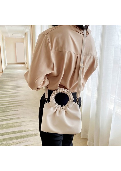 Bayanlar Küçük Yuvarlak Saplı Düz Renk Pu Deri Çanta Moda Askılı Çanta Kadın Tote Alışveriş Bej (Yurt Dışından) modelleri