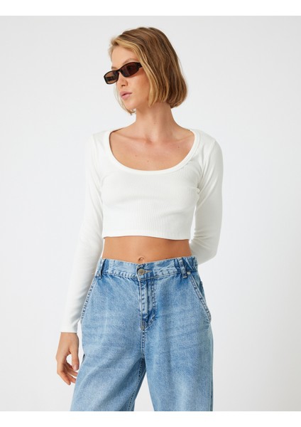 Uzun Kollu Crop Tişört Fitilli Derin Yuvarlak Yaka Pamuklu Slim Fit modelleri
