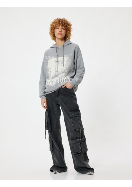 Oversize Kapüşonlu Sweatshirt Slogan Baskılı Uzun Kollu