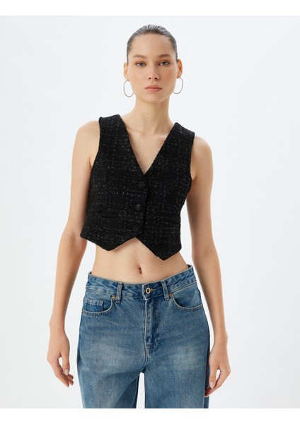 Tüvit Yelek Crop Kolsuz Düğmeli V Yaka Slim Fit