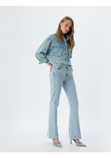 Ispanyol Paça Kot Pantolon Düğmeli Normal Bel Slim Fit - Flare Jean