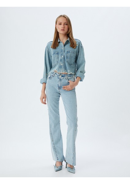 Ispanyol Paça Kot Pantolon Düğmeli Normal Bel Slim Fit - Flare Jean