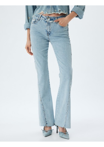 Ispanyol Paça Kot Pantolon Düğmeli Normal Bel Slim Fit - Flare Jean