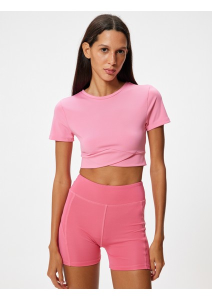 Crop Spor Tişört Slim Fit Bisiklet Yaka Katlı Kısa Kollu modelleri