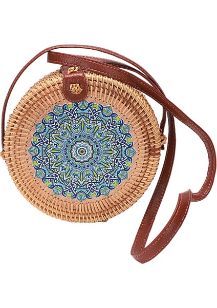 Baskı Yuvarlak Rattan Crossbody Çanta, Kadınlar Için Hasır Boho Çanta Çanta El Yapımı Debriyaj Dokuma Omuz (Yurt Dışından)