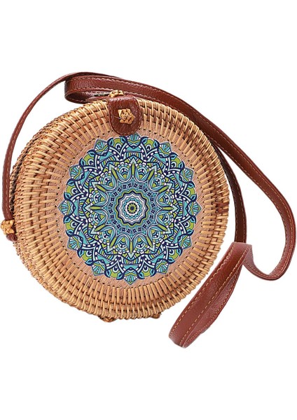 Baskı Yuvarlak Rattan Crossbody Çanta, Kadınlar Için Hasır Boho Çanta Çanta El Yapımı Debriyaj Dokuma Omuz (Yurt Dışından)