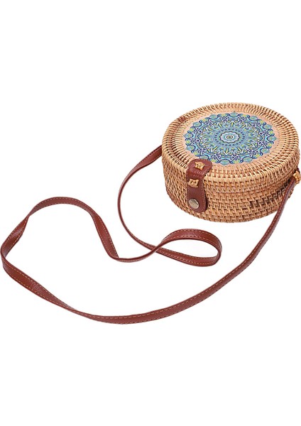 Baskı Yuvarlak Rattan Crossbody Çanta, Kadınlar Için Hasır Boho Çanta Çanta El Yapımı Debriyaj Dokuma Omuz (Yurt Dışından)