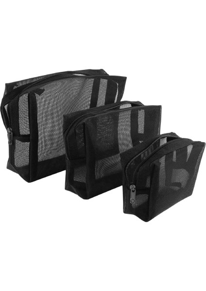 Siyah Örgü Makyaj Çantası Fermuarlı Kese Seyahat Kozmetik ve Tuvalet Malzemeleri Organizatör Çantaları 3'lü Paket (S,m,l) (Yurt Dışından)