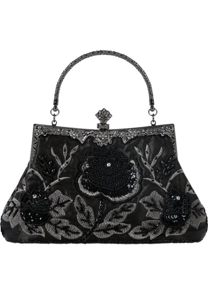 Kadın Vintage Çiçek Boncuklu Yapay Elmas Nakış Debriyaj Akşam Çanta (Siyah) (Yurt Dışından)