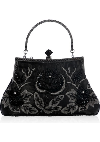 Kadın Vintage Çiçek Boncuklu Yapay Elmas Nakış Debriyaj Akşam Çanta (Siyah) (Yurt Dışından) fiyatları