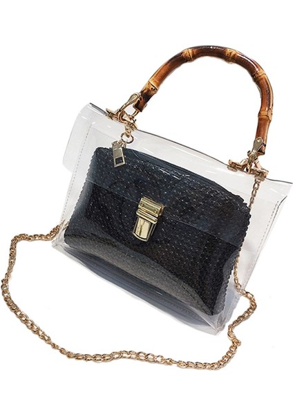 Şeffaf Çanta Kadın Çanta Bambu Saplı Yaz Küçük Zincir Crossbody Çanta Bayanlar Saman Plaj Çantaları (Siyah) (Yurt Dışından)