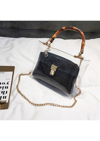 Şeffaf Çanta Kadın Çanta Bambu Saplı Yaz Küçük Zincir Crossbody Çanta Bayanlar Saman Plaj Çantaları (Siyah) (Yurt Dışından) fiyatları