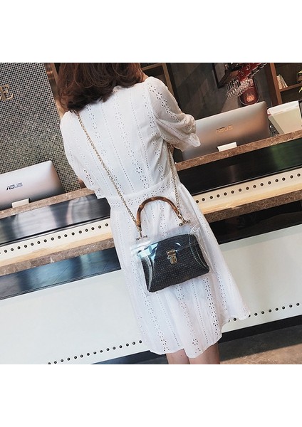 Şeffaf Çanta Kadın Çanta Bambu Saplı Yaz Küçük Zincir Crossbody Çanta Bayanlar Saman Plaj Çantaları (Siyah) (Yurt Dışından) modelleri