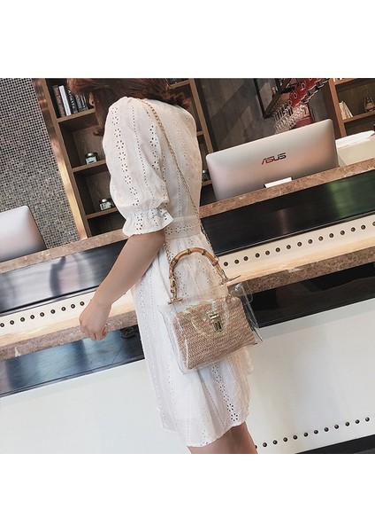Şeffaf Çanta Kadın Çanta Bambu Saplı Yaz Küçük Zincir Crossbody Çanta Bayanlar Saman Plaj Çantaları (Siyah) (Yurt Dışından) fırsatları