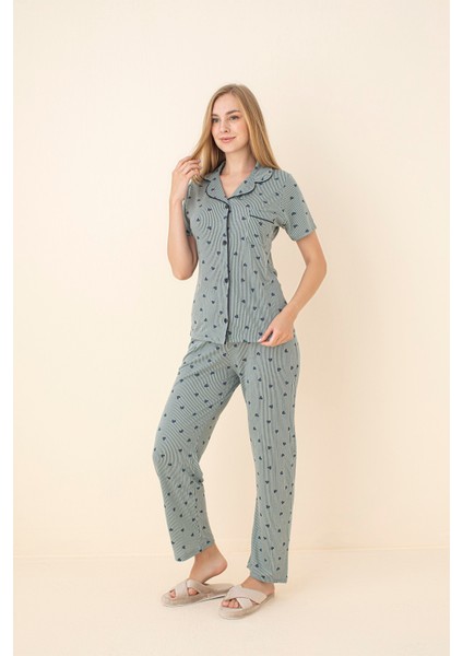 Yeşil Kalp Detaylı Viskon Pamuklu Biyeli Alt-Üst Pijama Takımı