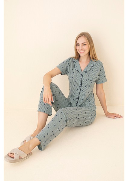 Yeşil Kalp Detaylı Viskon Pamuklu Biyeli Alt-Üst Pijama Takımı fiyatları