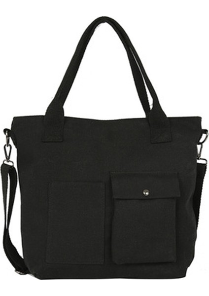 Kadın Kanvas Omuz Çantası Rahat Alışveriş Öğrenci Dış Cepli Crossbody Çanta Kadın Çanta-Siyah (Yurt Dışından)