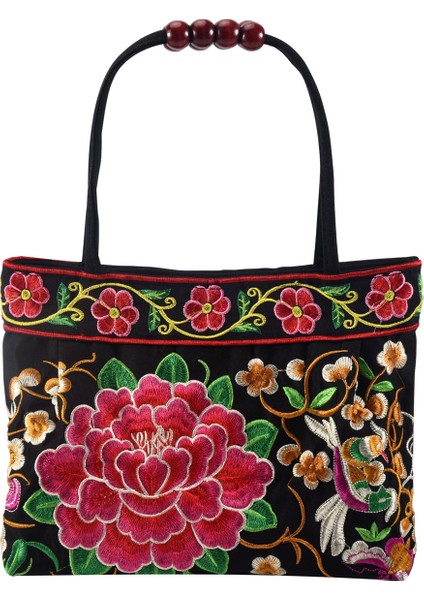 Çin Tarzı Kadın Çanta Nakış Etnik Yaz El Yapımı Çiçekler Bayanlar Tote Omuz Çantaları - Vücut (Kırmızı Şakayık) (Yurt Dışından)