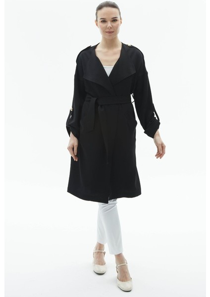 Geniş Yaka Apoletli Uzun Ceket