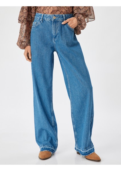 Düz Uzun Paça Kot Pantolon Çift Bel Detaylı Normal Bel - Straight Jean