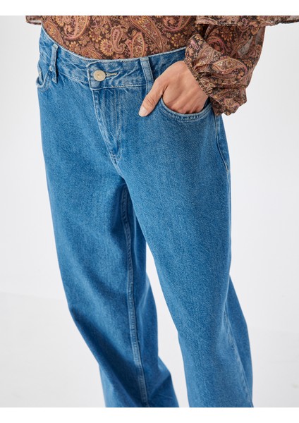 Düz Uzun Paça Kot Pantolon Çift Bel Detaylı Normal Bel - Straight Jean