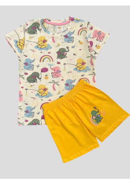 Elmas Kids Kız Çocuk %100 Pamuklu Fil Desenli Beyaz Kısa Kollu Şortlu Yazlık Pijama Takımı